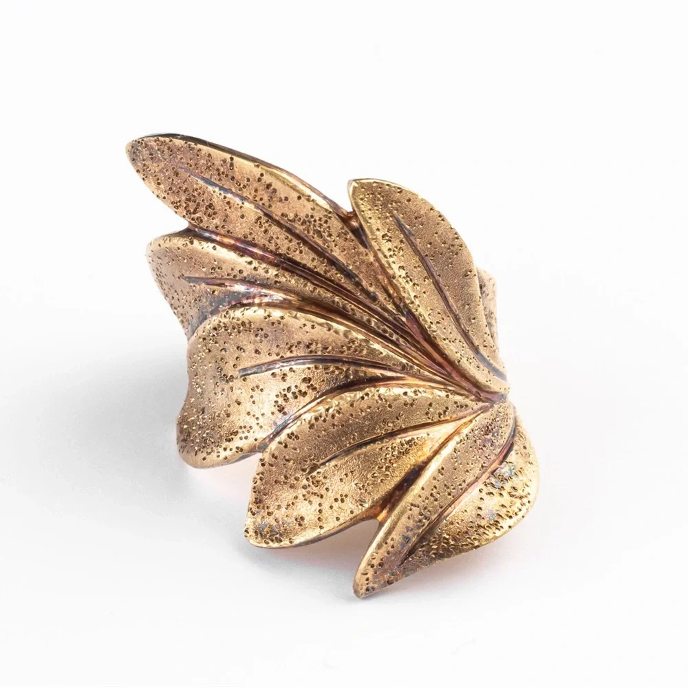 18K yellow gold over sterling silver textured leaf wrap ring 10